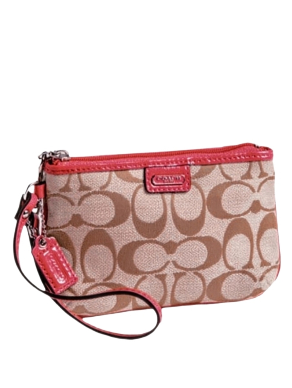 ♥️ Coach Khaki Tan Carnelian Red Signature Wristlet Clutch Bag